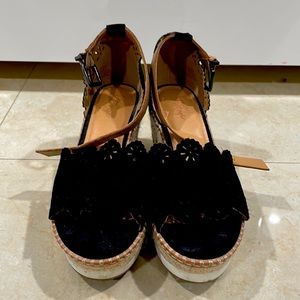 Black suede espadrille platform sandals, in size 7